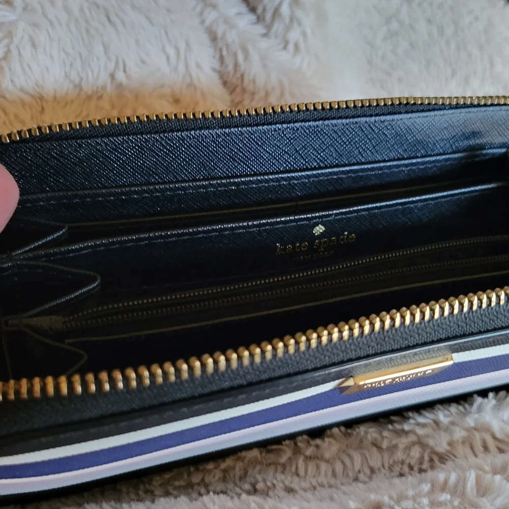 kate spade Black Navy Pink Stripe Zip Around Wallet